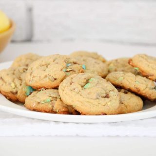 Closeup of Cadbury mini egg cookies on plate.