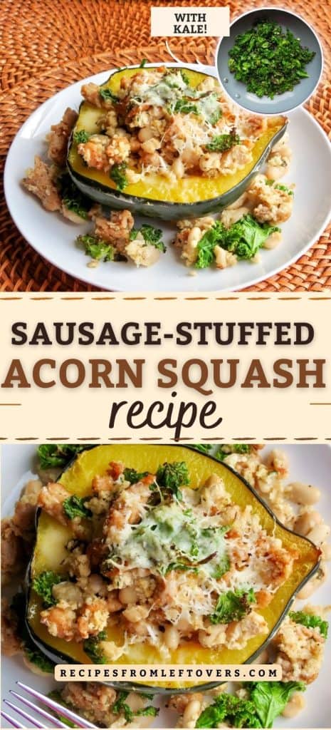 A plate of sausage-stuffed acorn squash topped with kale and cheese. A small bowl of chopped kale is shown above. Text overlay includes the recipe name and a website URL.