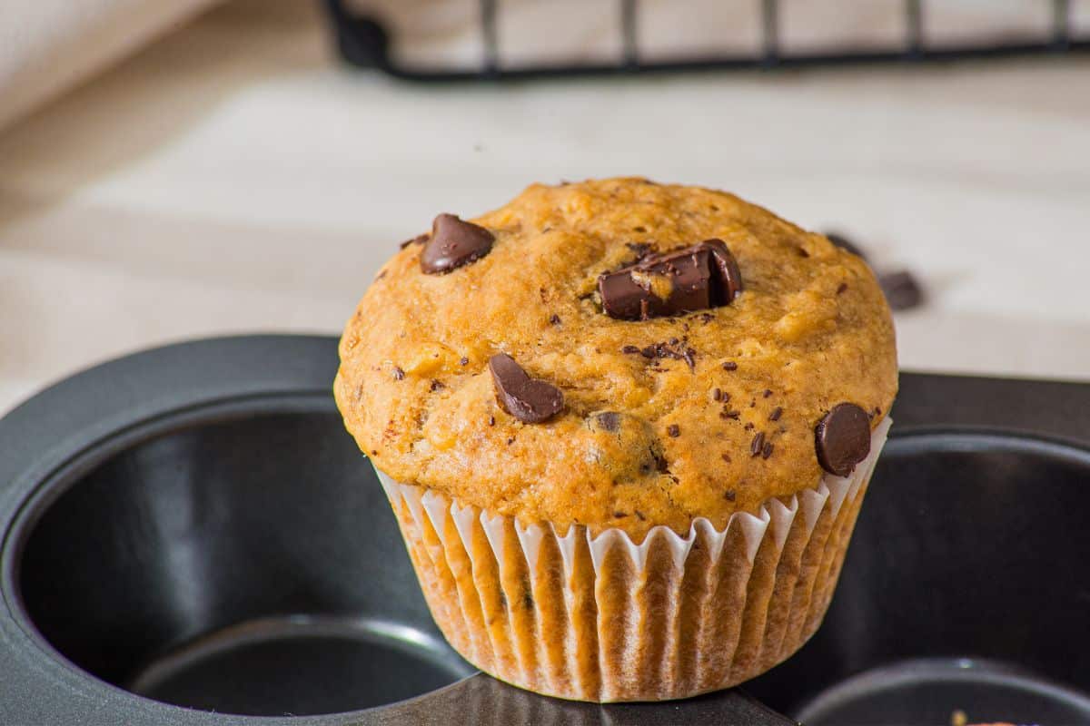 Peanut butter banana muffin in a muffin tin, topped with scattered chocolate chunks.