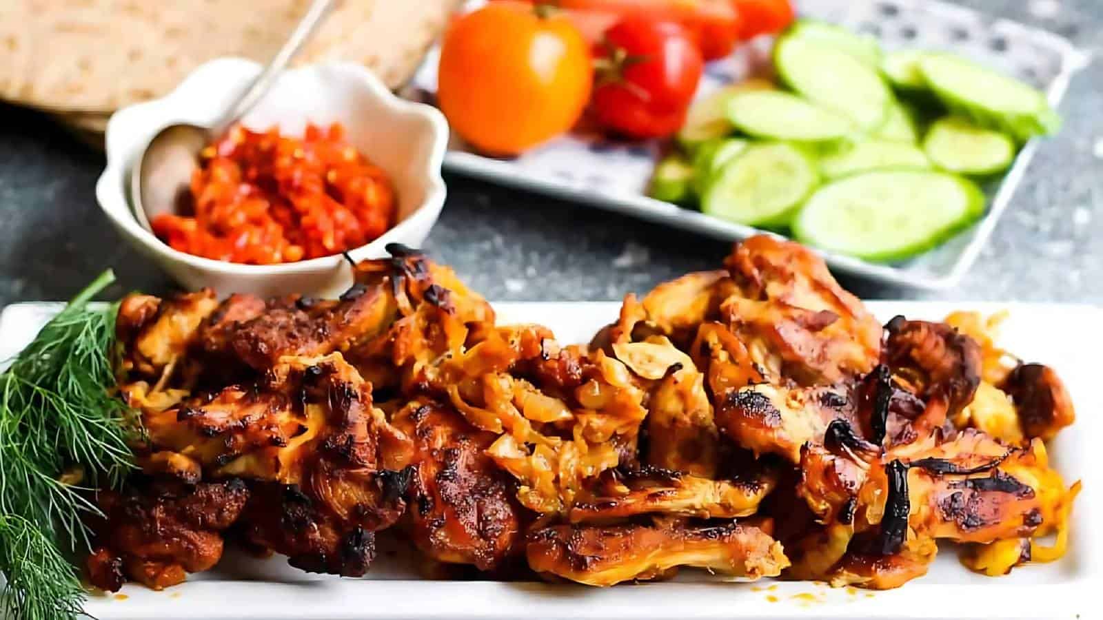 Grilled chicken pieces on a white plate, garnished with dill, accompanied by sliced cucumbers, tomatoes, and a bowl of red sauce.