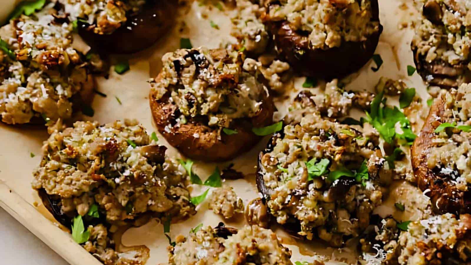 Stuffed mushrooms topped with herbs and cheese on a baking sheet.