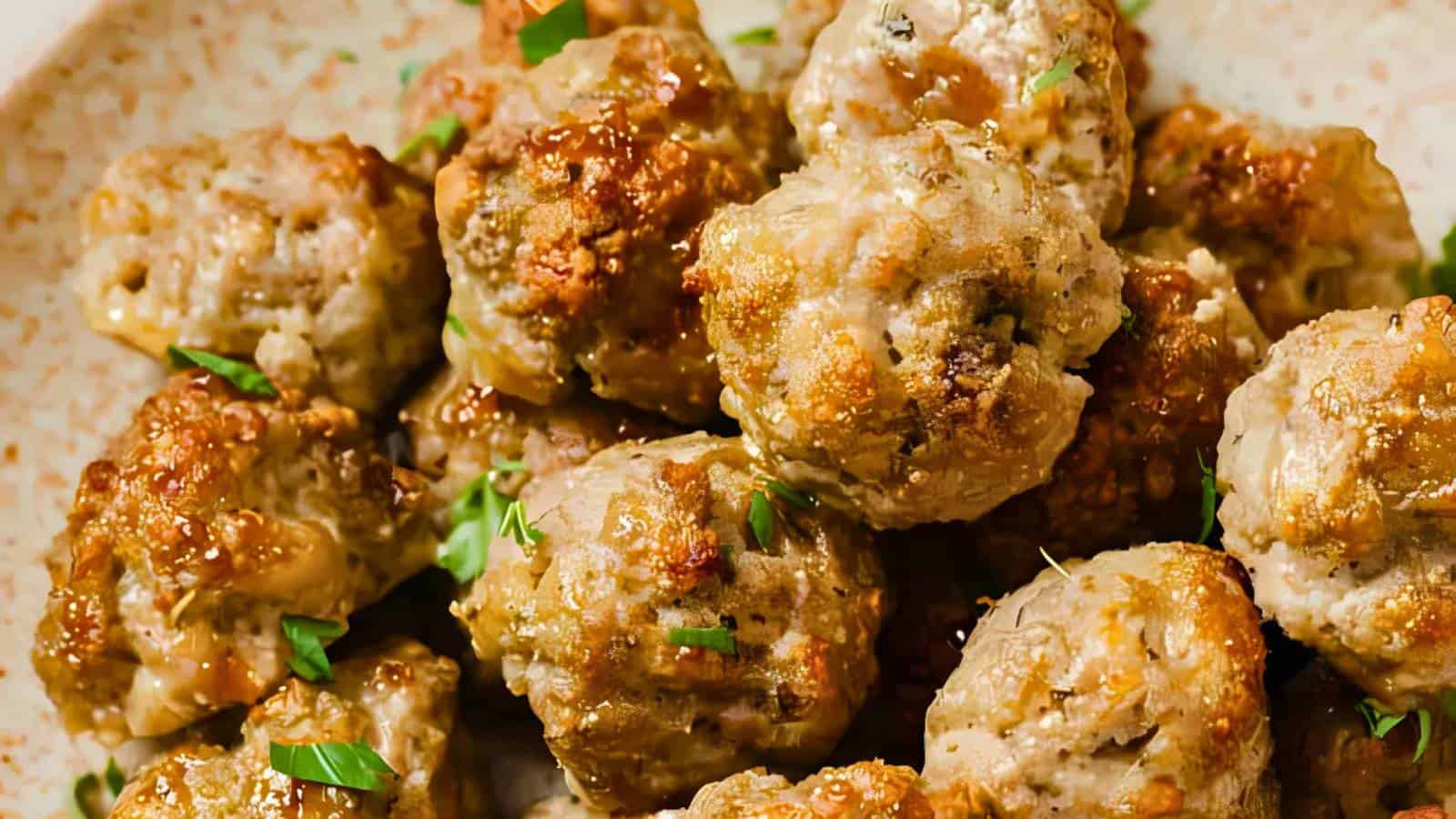 A plate of browned meatballs garnished with chopped herbs on a speckled surface.