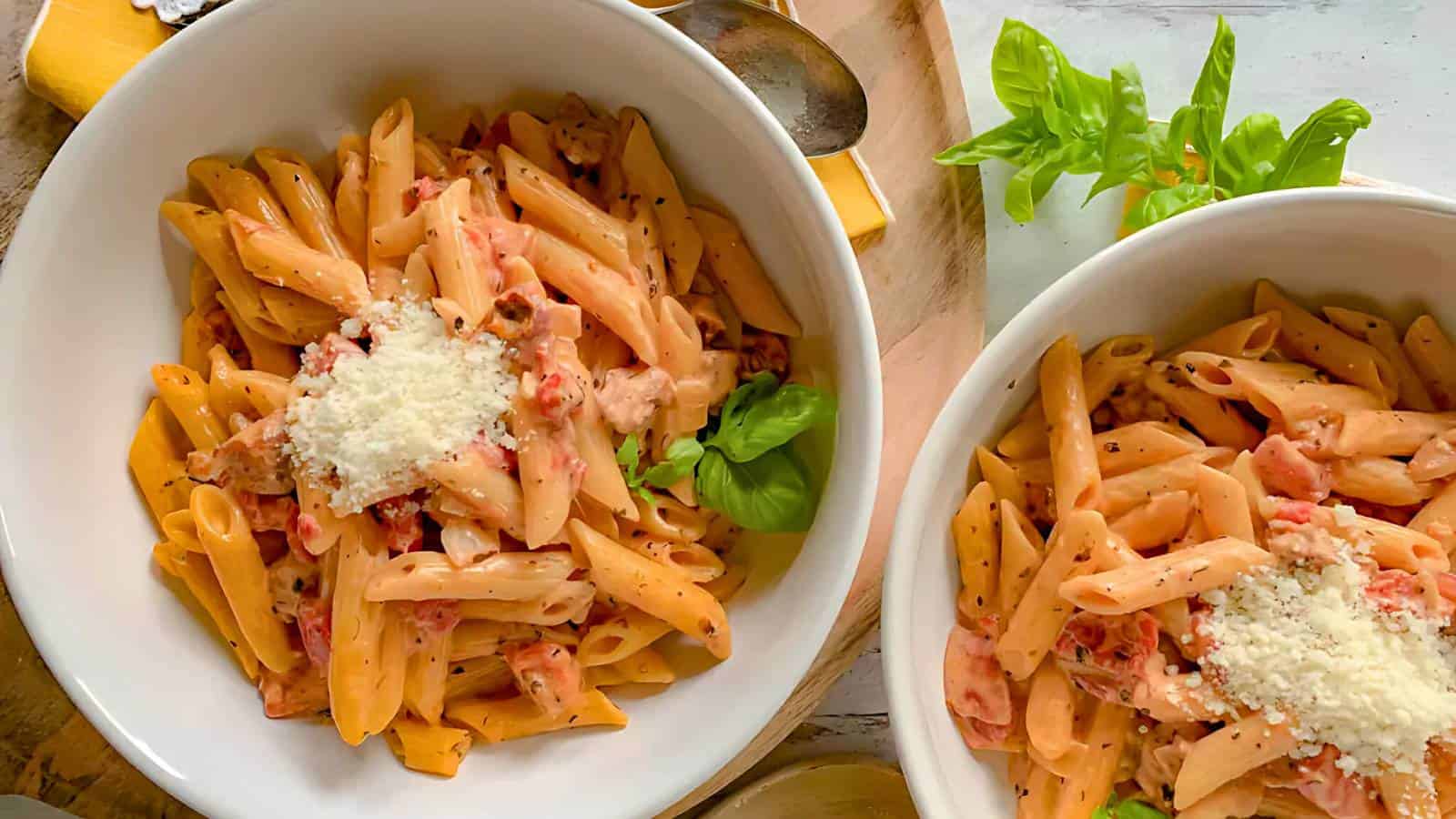 Two white bowls of penne pasta in a creamy tomato sauce, garnished with grated cheese and fresh basil leaves. Spoons and more basil sit on the wooden surface nearby.
