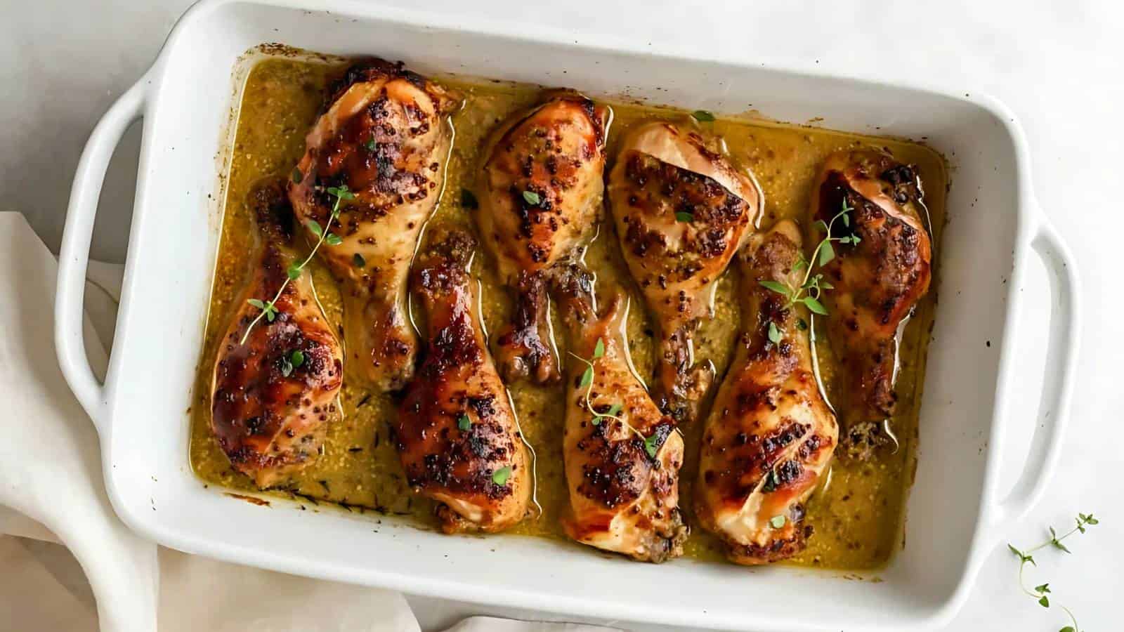 Baked chicken drumsticks in a white rectangular dish with herbs in a sauce.