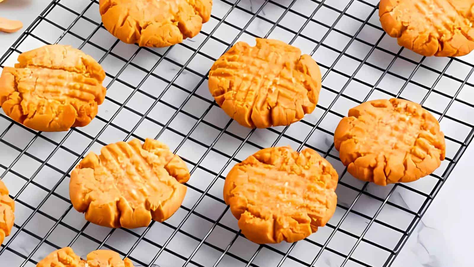 Round peanut butter cookies with fork marks are cooling on a metal wire rack. The cookies have a light golden color and slightly cracked edges.