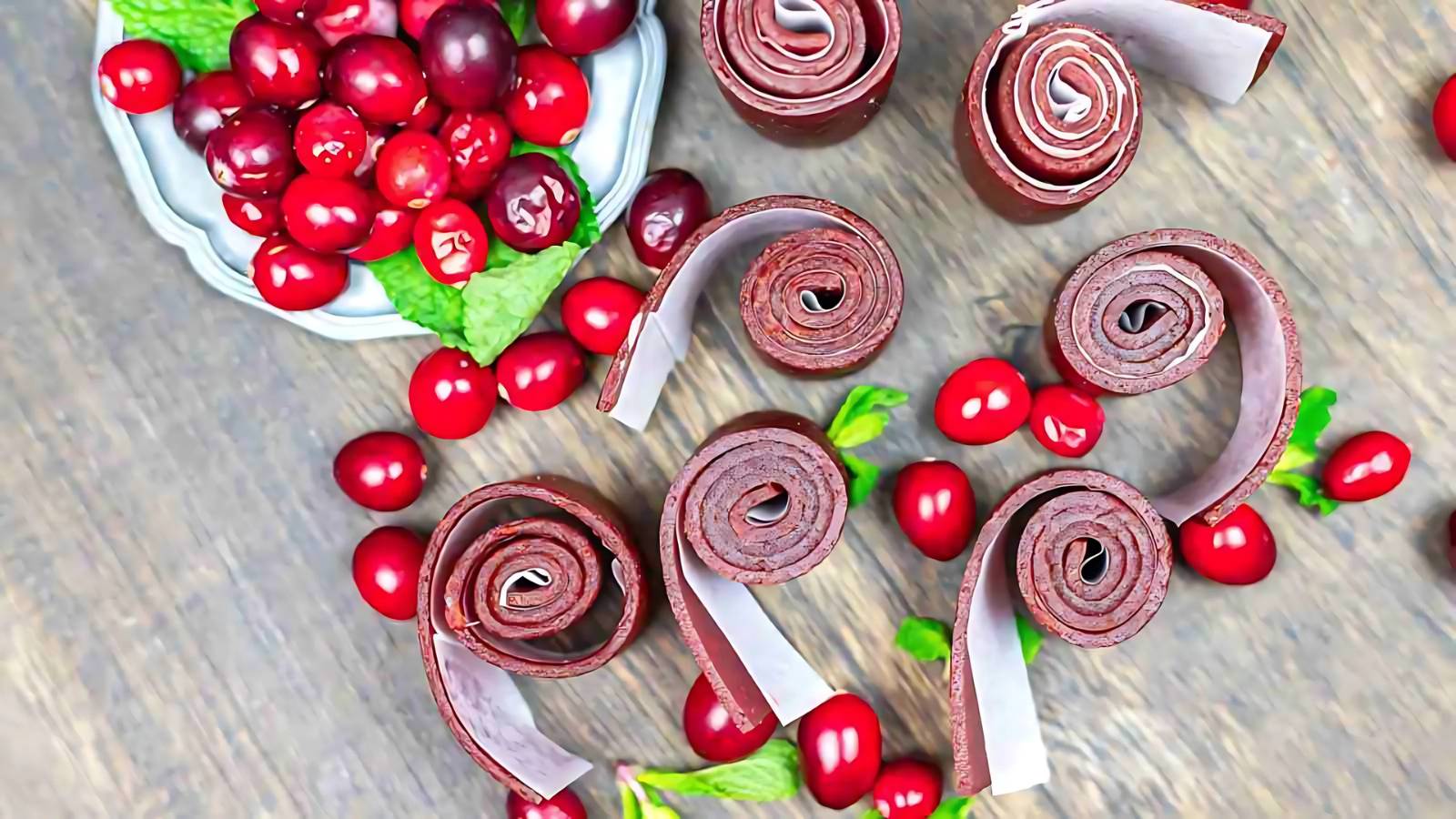 Cranberry fruit leather rolls are arranged on a wooden surface next to a bowl of fresh cranberries and mint leaves.