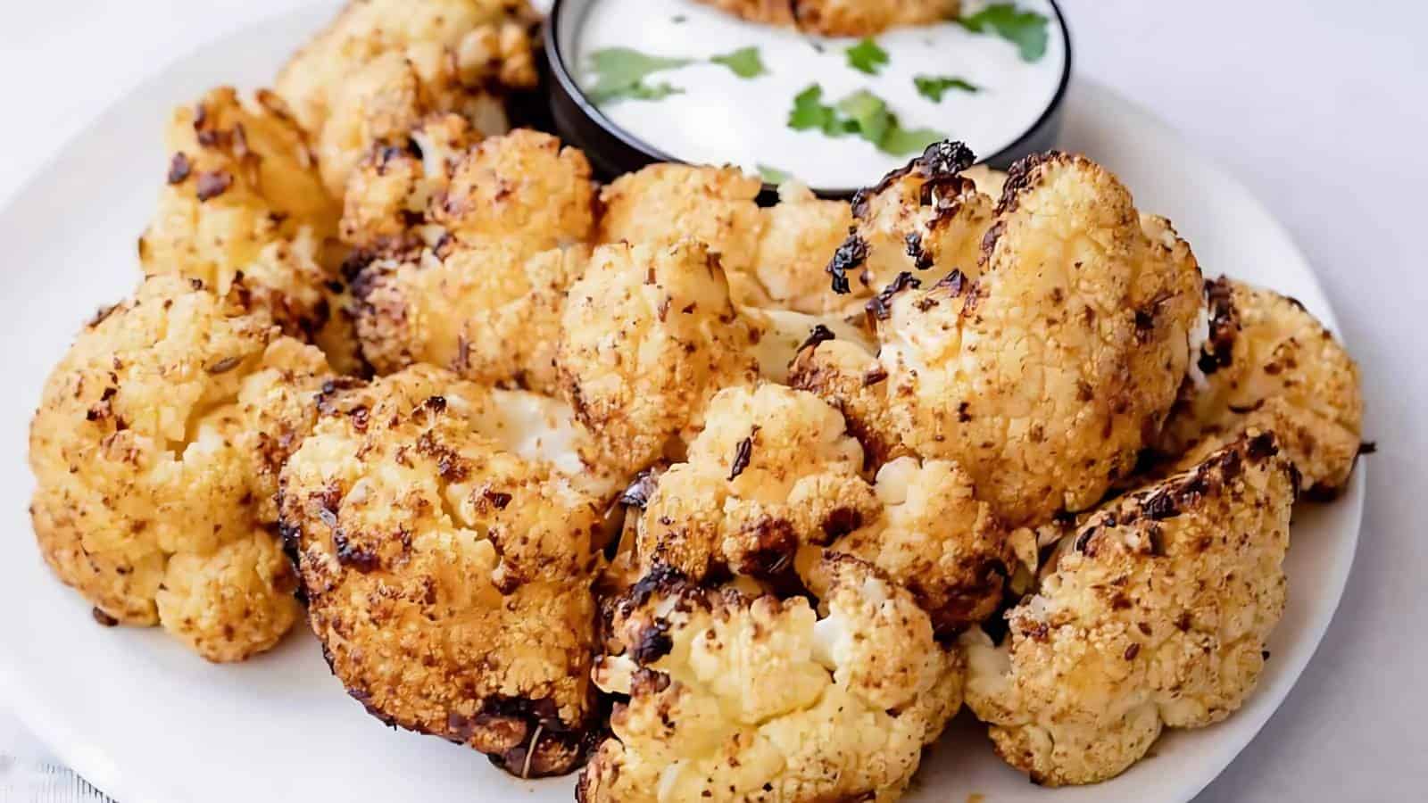 Plate of roasted cauliflower florets served with a small bowl of white dipping sauce, garnished with chopped herbs.
