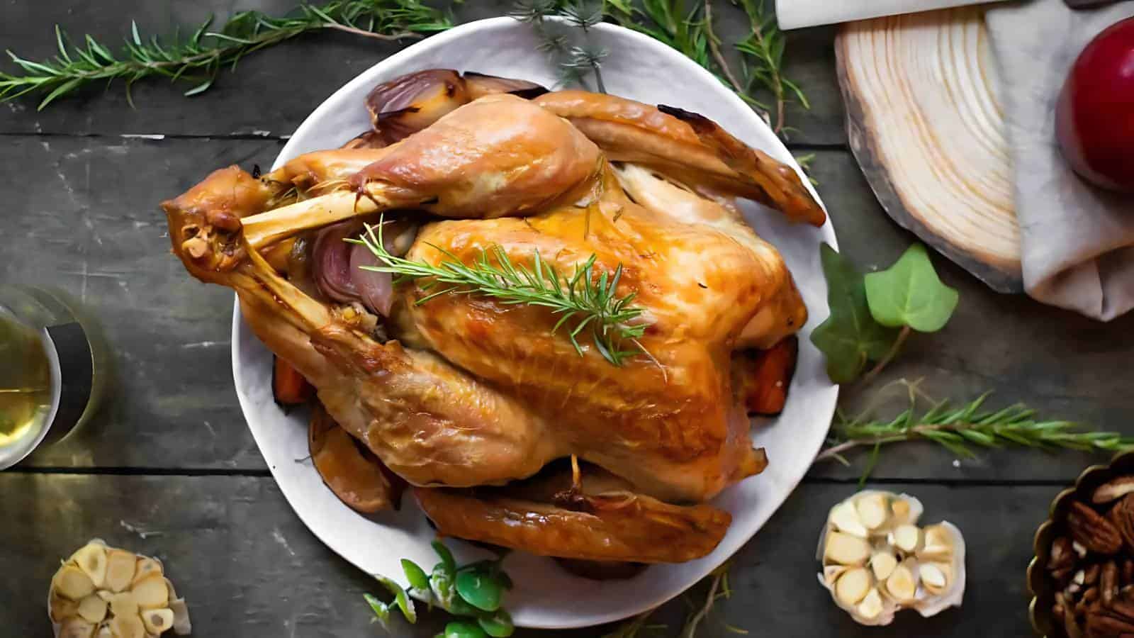 Roasted whole turkey garnished with a sprig of rosemary on a white plate, surrounded by herbs and garlic on a wooden table.