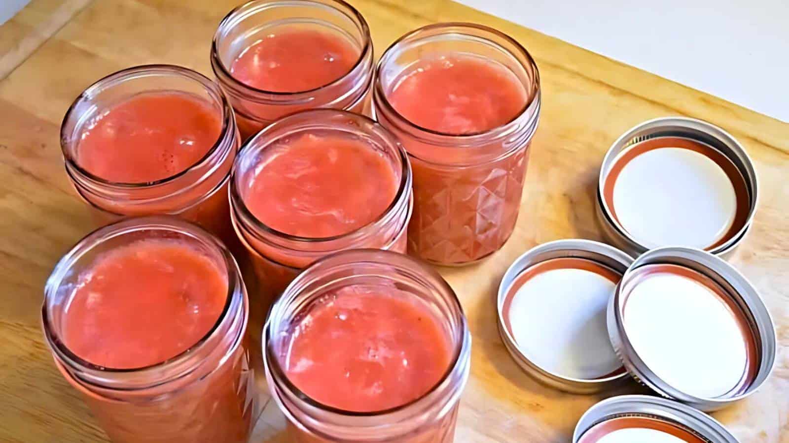 Six jars filled with pink liquid or puree sit on a wooden surface alongside metal lids, prepared for sealing.