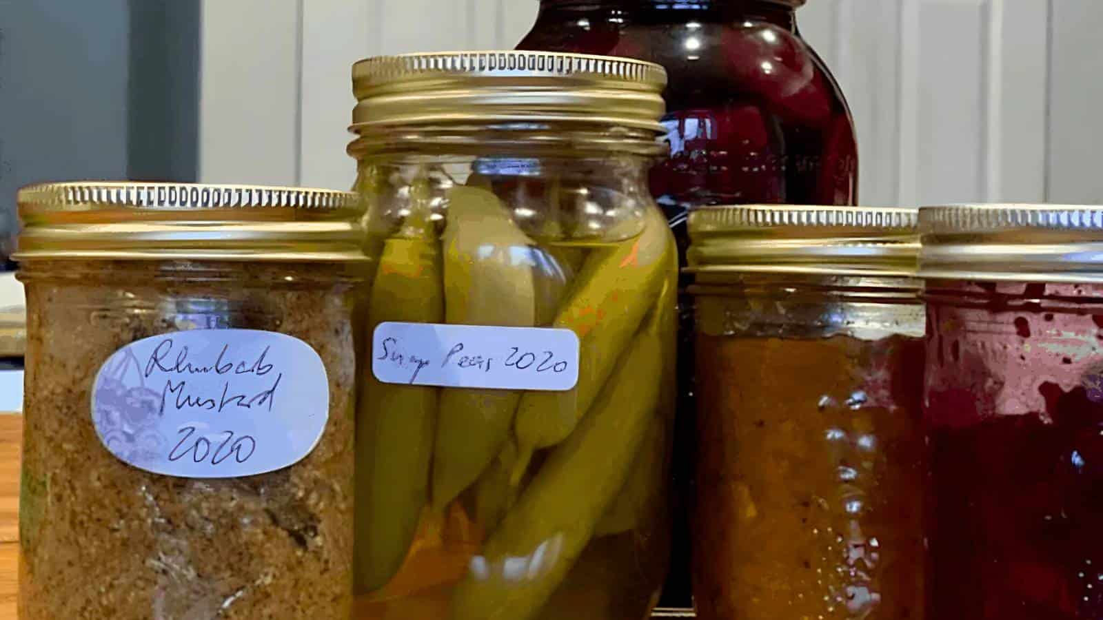 A selection of five glass jars with metal lids containing homemade preserves, pickles, and sauces, each labeled with handwritten notes and the year 2020.