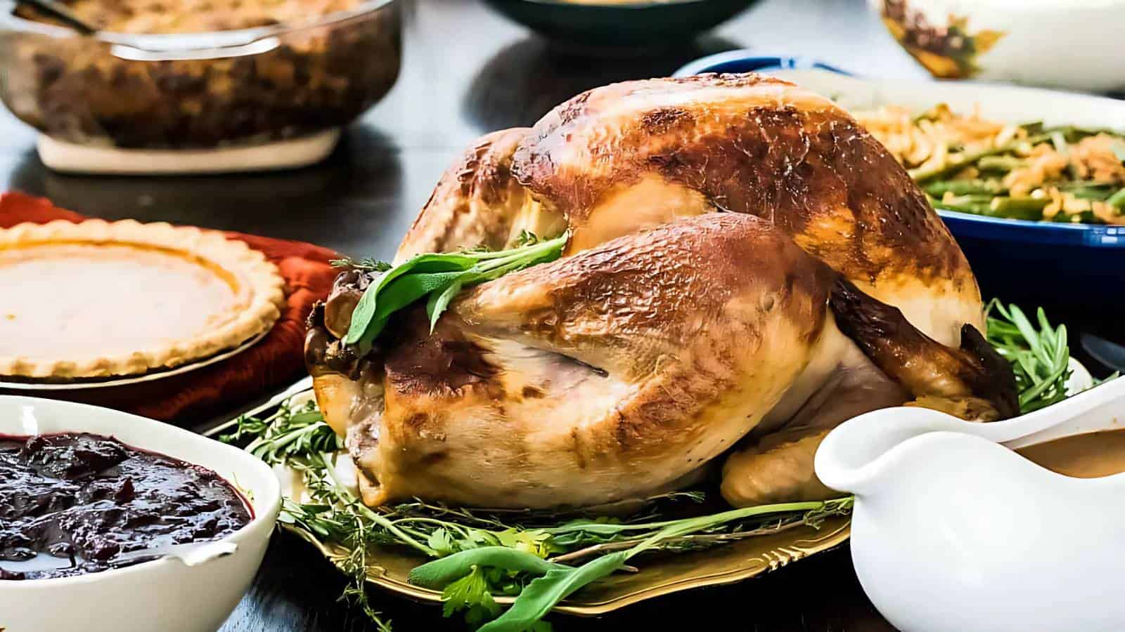A roasted turkey garnished with herbs is on a platter, surrounded by dishes including pie, green beans, stuffing, gravy, and cranberry sauce.