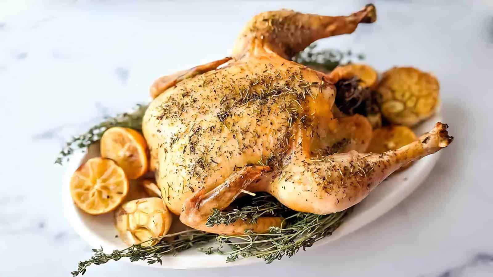 A whole roasted chicken garnished with herbs, surrounded by lemon slices and roasted garlic on a white platter.