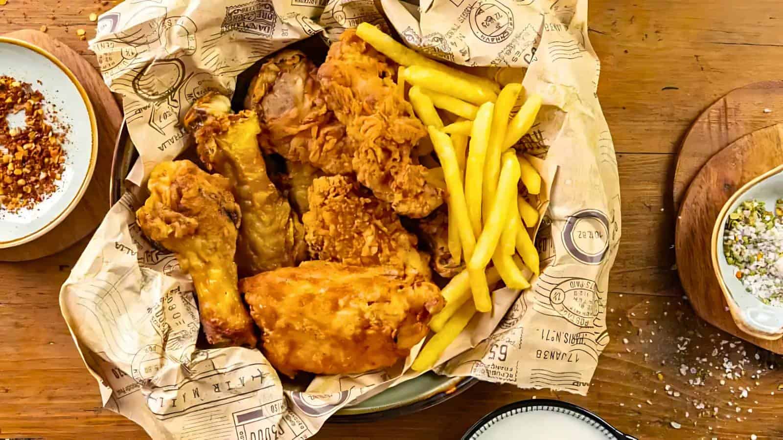 A basket lined with printed paper holds several pieces of fried chicken and a portion of French fries on a wooden table.