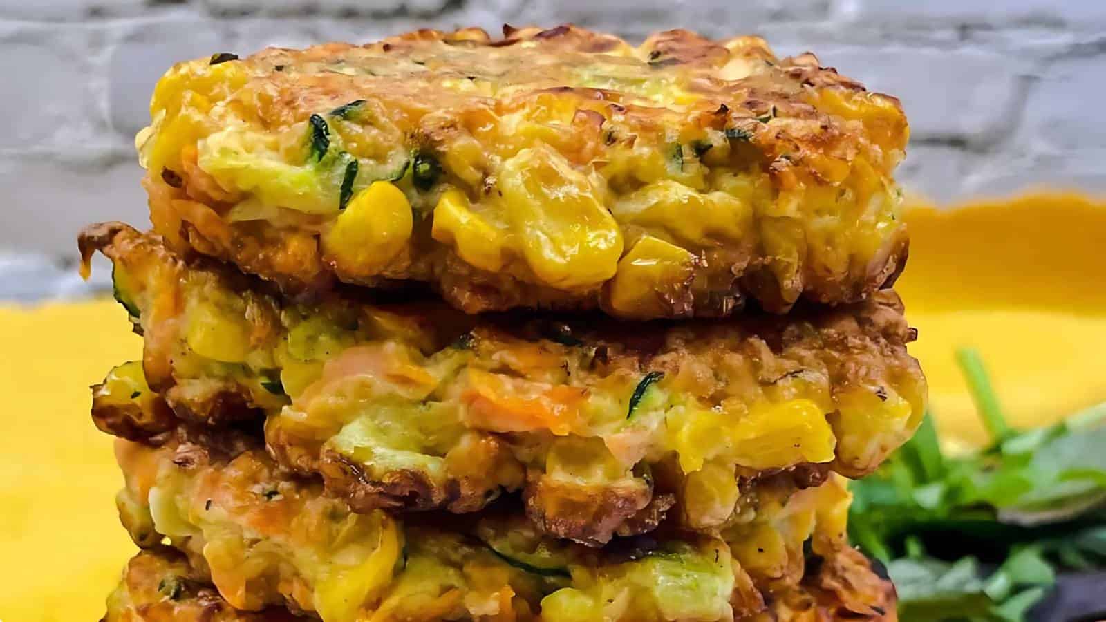 A close-up of a stack of vegetable fritters with visible corn, zucchini, and carrots, set on a yellow surface with greens in the background.