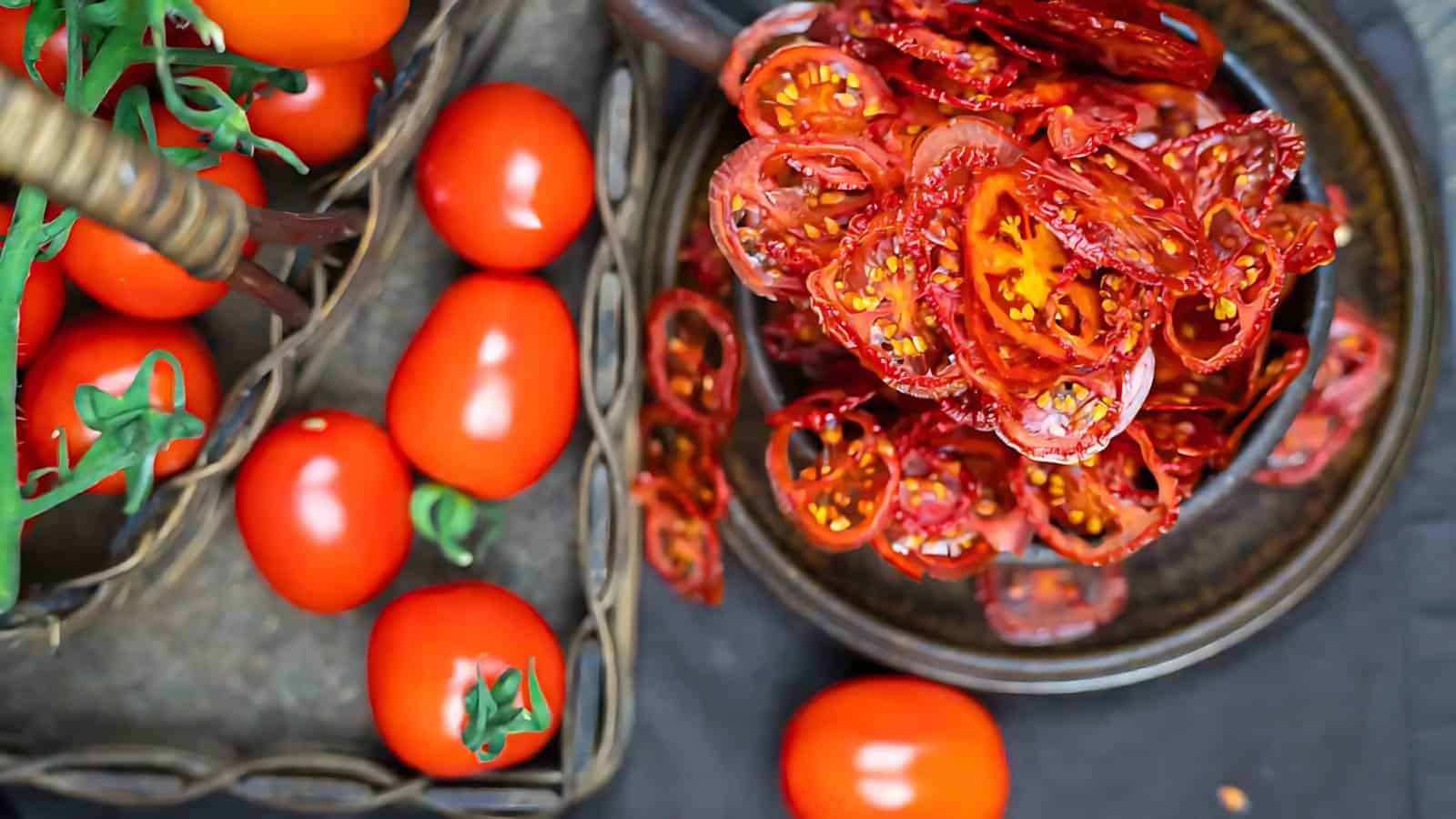 A basket of fresh tomatoes sits beside a plate filled with thinly sliced, dried tomato pieces on a dark surface.