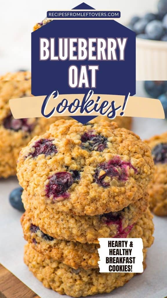 A stack of blueberry oat cookies with visible blueberries, surrounded by more cookies and fresh blueberries, labeled as hearty and healthy breakfast cookies.