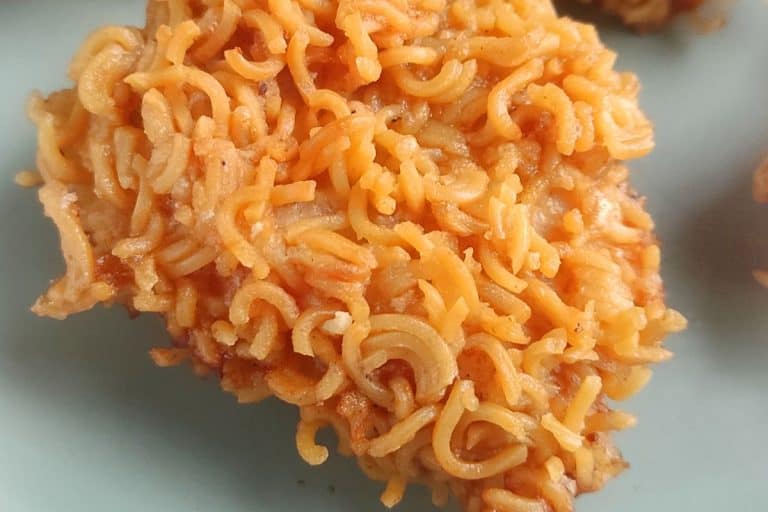 Close-up of a panko chicken nugget made with Ramen noodles.