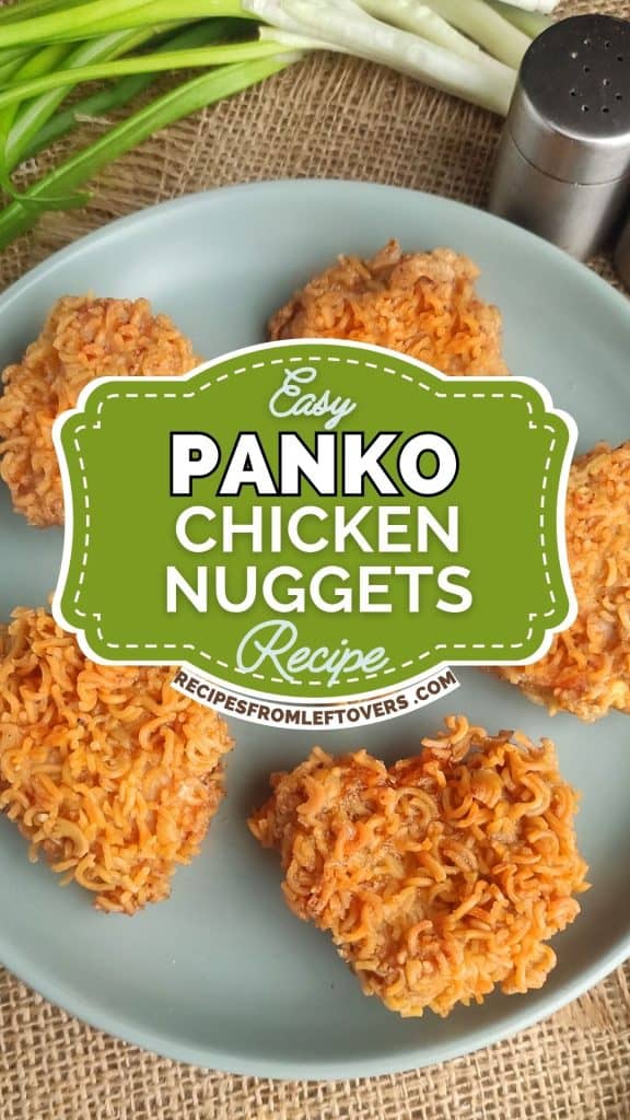 A plate with five panko-coated chicken nuggets, some garnished with green onions, and a pepper shaker in the background. Text overlay reads "Easy Panko Chicken Nuggets Recipe.