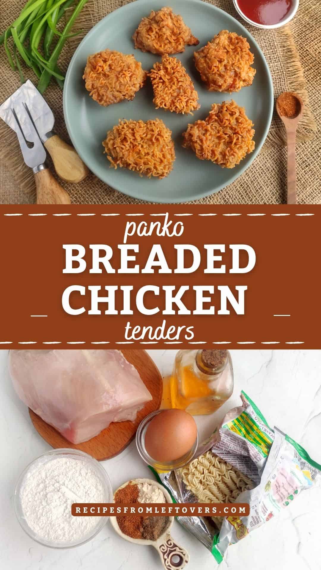 Two images: Top shows five panko breaded chicken tenders on a plate with dipping sauce and garnish. Bottom shows raw ingredients for making breaded chicken tenders on a kitchen counter.