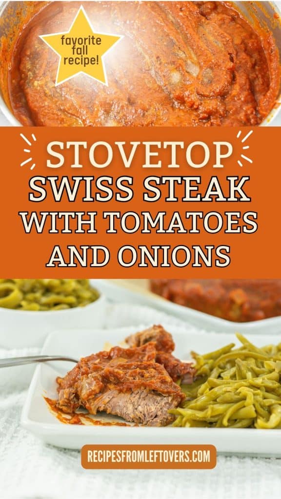 A serving of Swiss steak with tomato sauce, onions, and green beans on a white plate, with a pot of sauce in the background.