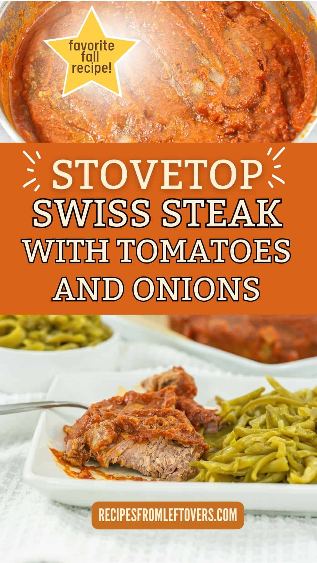 A serving of Swiss steak with tomato sauce, onions, and green beans on a white plate, with a pot of sauce in the background.