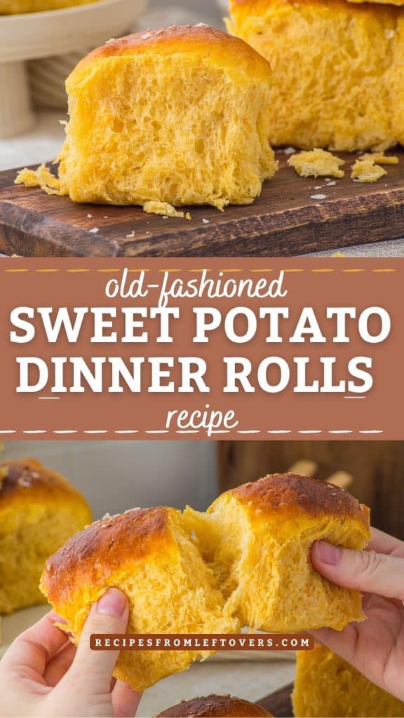 A close-up of fluffy, golden sweet potato dinner rolls, with hands pulling apart a roll, and text promoting an old-fashioned sweet potato dinner roll recipe.
