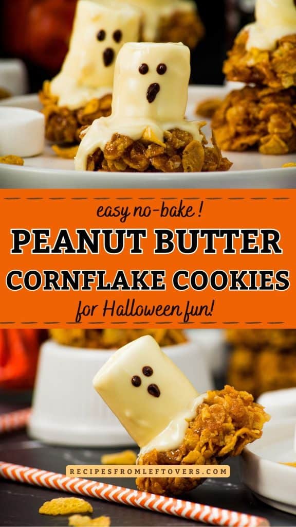 Cheery ghost peanut butter cookies with cornflakes, no-bake Halloween treats, fun spooky dessert ideas, easy leftover sweet snacks, festive holiday party snacks.