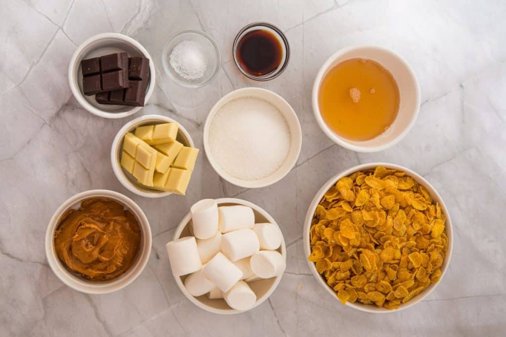 Ingredients for Peanut Butter Cornflake Cookies for Halloween.