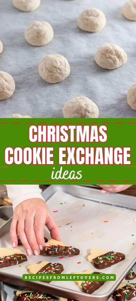 Unbaked cookie dough balls on parchment paper above, with decorated cookies on a baking sheet below; text reads “Christmas Cookie Exchange Ideas.”.