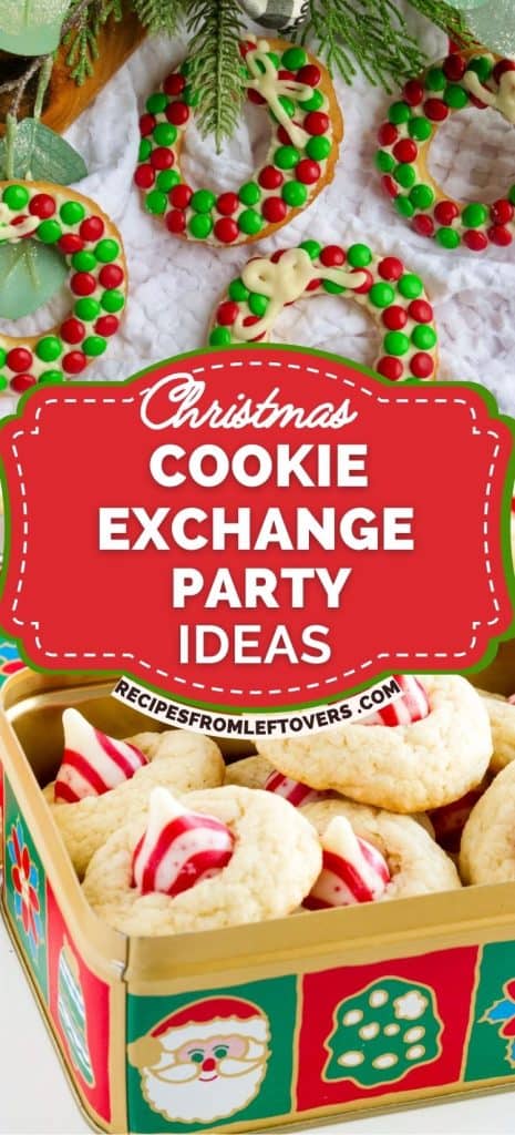 Christmas cookies decorated with red and green candies and white drizzle are displayed in a festive tin with a label that reads "Christmas Cookie Exchange Party Ideas.