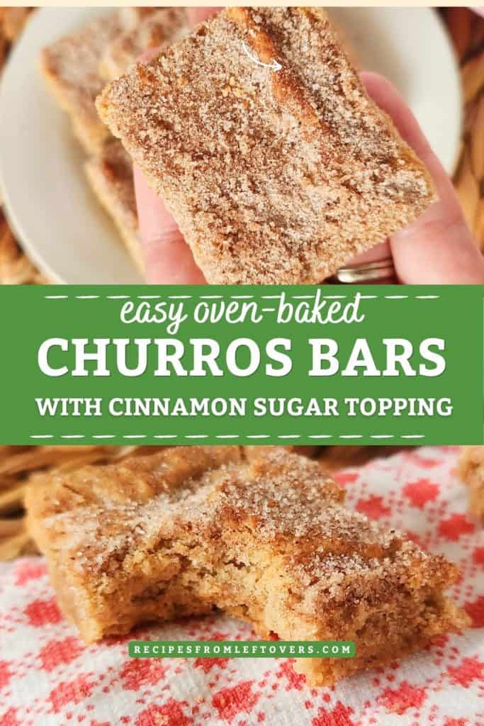 A hand holds a churros bar with a cinnamon sugar topping above a plate, with two churros bars on a red and white cloth below. Text reads "Easy oven-baked churros bars with cinnamon sugar topping.