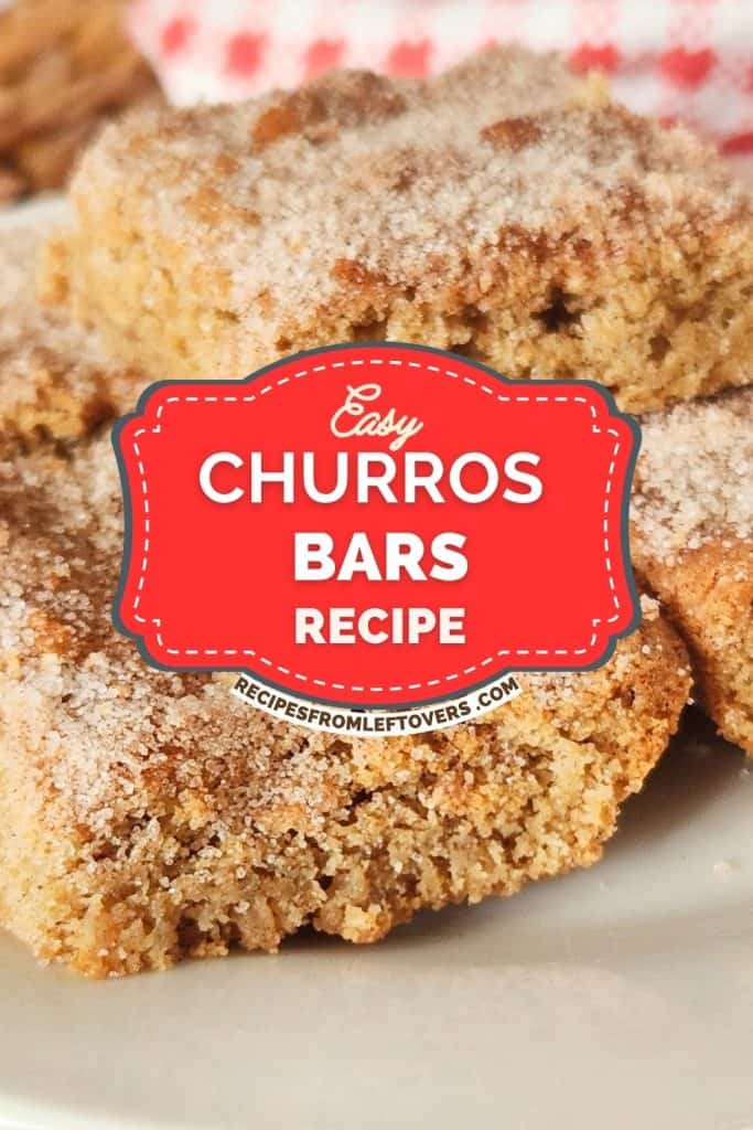 Close-up of churro bars topped with sugar and cinnamon, stacked on a white plate with a label reading "Easy Churros Bars Recipe.