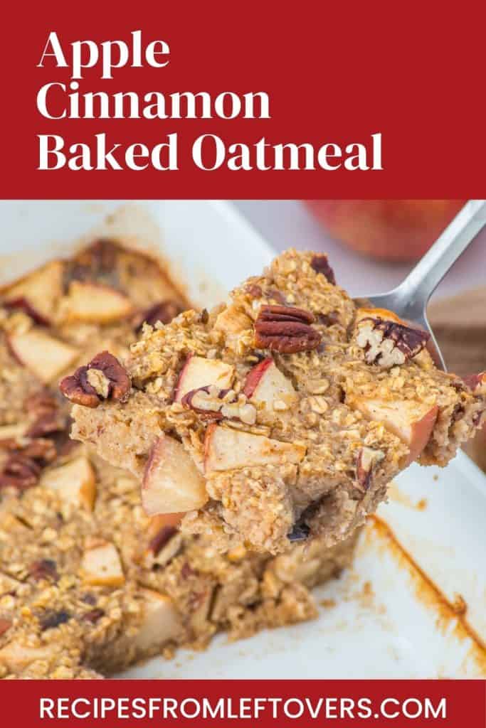 A close-up of a serving of apple cinnamon baked oatmeal with chopped apples and pecans, lifted from a baking dish.