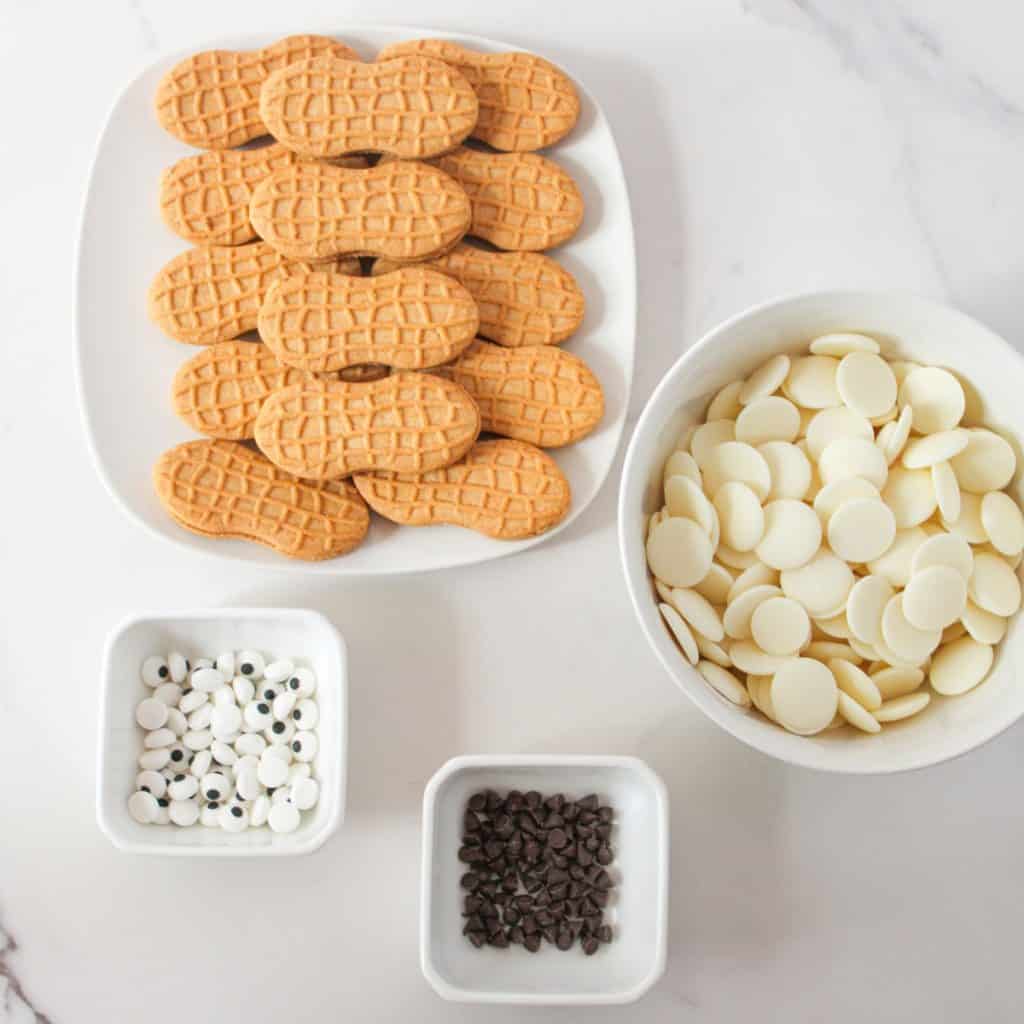 A plate of peanut-shaped cookies, a bowl of white chocolate melts, a small bowl of candy eyes, and a small bowl of mini chocolate chips arranged on a white surface.